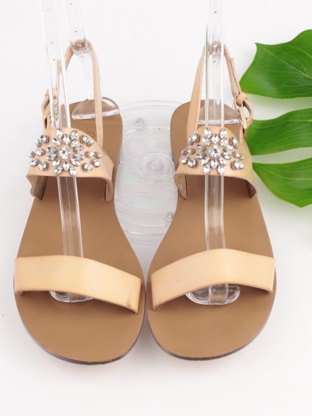 J. Crew light natural tan Leather Slingback Sandals with Crystal embellishment.